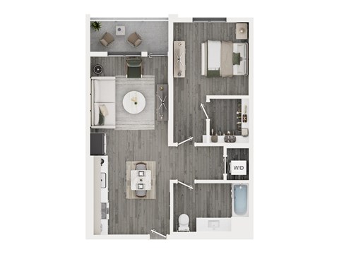 A floor plan of a house with a kitchen, living room, dining room, and bathrooms.